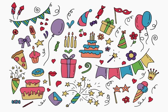 Big celebration set. Party time doodle clipart with fireworks, party hat, birthday cake, holiday gift box. Hand drawn icons.	