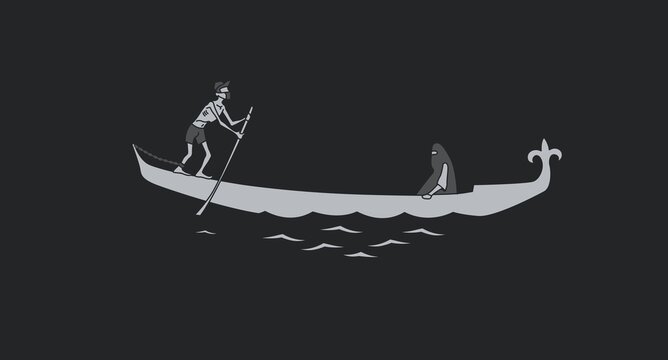 The poor gondolier serves the customer. At the feet of the gondolier is a steel chain. Vector.