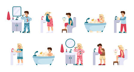 Children in bathroom for hygiene procedures cartoon vector illustration isolated.