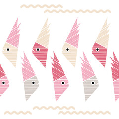 Decorative fish floating in the sea. Fish made of striped texture. Seamless pattern. Cute cartoons. Vector illustration for web design or print.