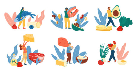 Set of male and female characters who follow a keto diet with healthy food.