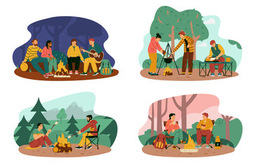 Set of scenes with people resting near campfire during adventure hiking.