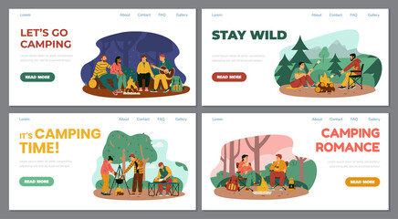 Camping holidays websites with tourists outdoors, flat vector illustrations.