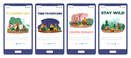 Set of smartphone apps for camping and hiking outdoors, adventure and travel.