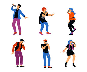 Performance singing people with microphone - karaoke songs or music show.