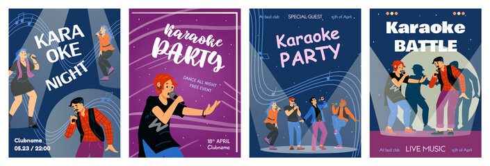 Karaoke party posters with people enjoying singing, flat vector illustration.