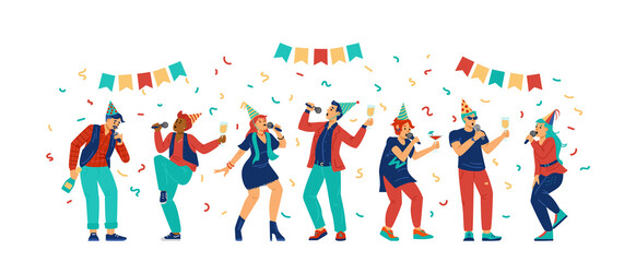 People in birthday hats singing in karaoke, flat vector illustration isolated.