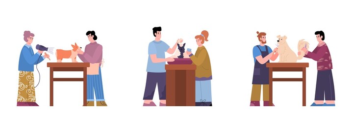 Pet grooming salon employees and animals vector cartoon illustration isolated.