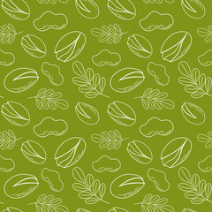 Hand drawn sketch of a seamless background pattern with a view of pistachio nuts. Vector illustration of nuts on a green background