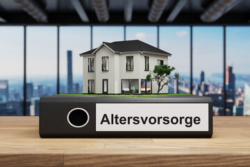 Modell von modernem Einfamilienhaus auf schwarzem Aktenordner mit dem Etikett Altersvorsorge; 3D Illustration