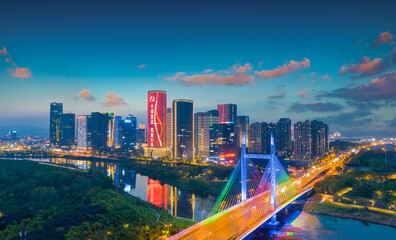 City night view of Shangbo Bridge, Yiwu City, Zhejiang Province, China