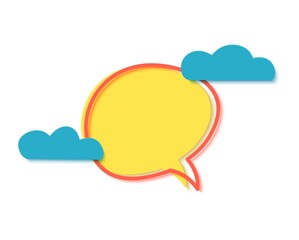 Yellow banner with clouds in paper cut style. Speech bubble with geometric shapes. Special discount sale event banner or poster template with place for ad text. Vector flat illustration