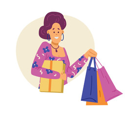 Happy shopper with shopping bags in hands, flat vector illustration isolated.