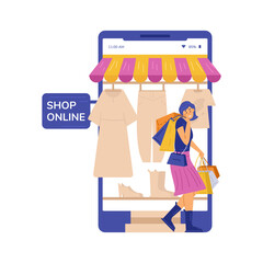Woman with shop bags next to smartphone, flat vector illustration isolated.