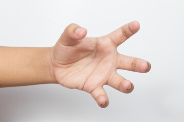 Children's hands doing claw gesture as cat isolated on white background