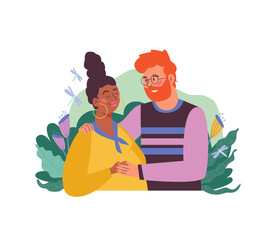 Young man hugging his pregnant wife, flat vector illustration isolated on white.