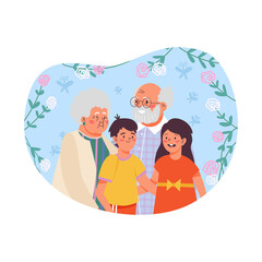Grandparents and grandchildren at floral backdrop flat vector illustration.