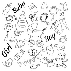 A set of vector doodle illustrations with children's things and toys.Simple line art icons