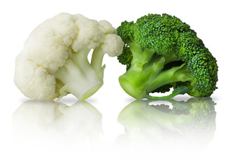 Fresh wholesome broccoli and cauliflower isolated on white background. Ingredients vegetables for...