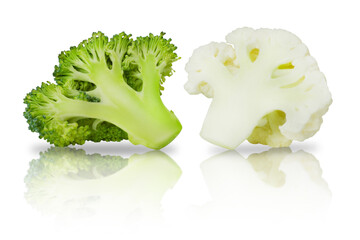Fresh wholesome broccoli and cauliflower isolated on white background. Ingredients vegetables for...