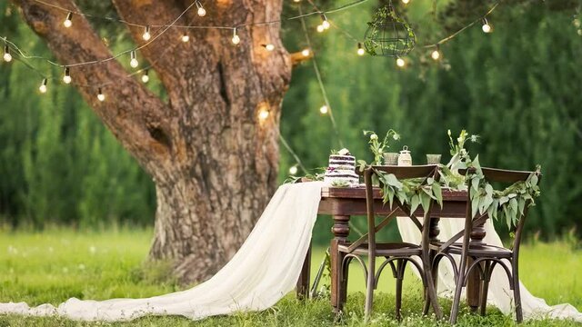 Wedding banquet in the field at the pine tree. Chairs and honeymooners table decorated, served with cutlery and crockery and covered with a tablecloth. 2.5D Parallax background video in 4k.