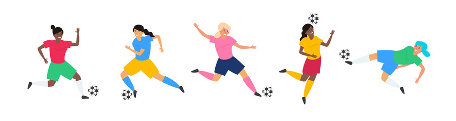women football soccer players with ball set vector illustration
