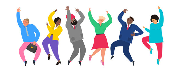 happy multicultural business people men and women dancing having fun vector illustration