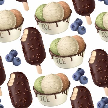 A seamless summer pattern depicting different types of ice cream and berries