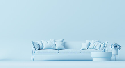 Interior of the room in plain monochrome pastel blue color with furnitures and room accessories. Light background with copy space. 3D rendering for web page, presentation or picture frame backgrounds. - obrazy, fototapety, plakaty