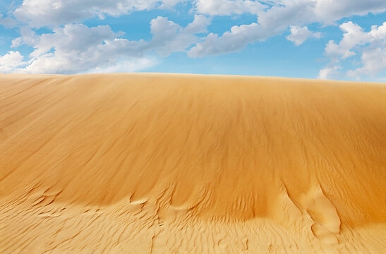 Looking up at golden sand dune with blue sky and clouds up above