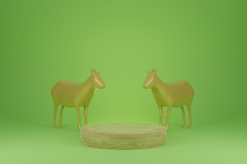 3D rendering. Background muslim holiday Eid al-Adha with goats and stone podium in green color.  