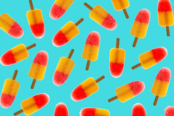 Pattern of fruit ice cream on a stick in bright colors of red and yellow on a blue background. Summer mood concept