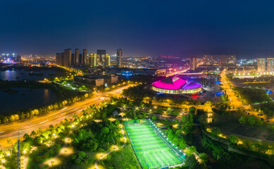 Aerial photography of night scene of Yiwu City, Zhejiang Province, China