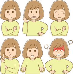 色々な怒りの表情をしている女性のイラスト