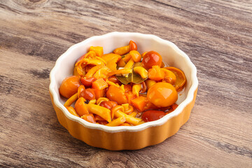 Marinated pickled honey mushrooms in the bowl
