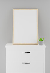 3d render of picture frame on cabinet with room concept for your mockup