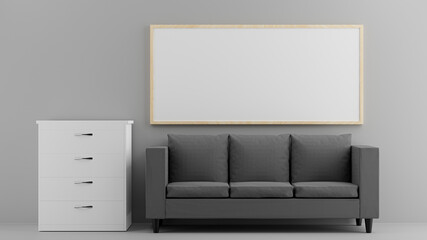 3d render of living room interior with picture frame sofa cabinet for your mockup
