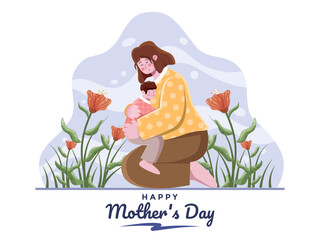 Happy Mother’s Day illustration with mom hugging the children. Mother day greeting card, postcard design. Mother's Day floral design. Mother loving her child. Mom and children flat illustration.