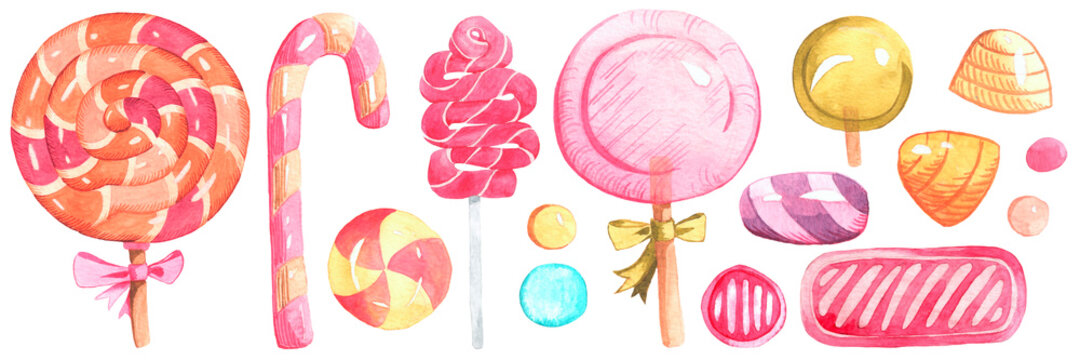 Watercolor illustration with bright candy and lollypops. Collection of hand-drawn cozy elements for you design.