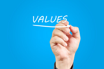 Hand of man underlining the word Values on a transparent board