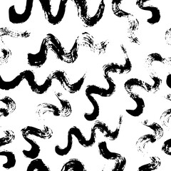 Vector seamless pattern with black wave brush stroke on white background.