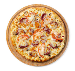 Fresh pizza on wooden board isolated on white