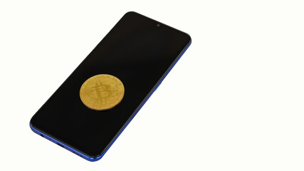 Bitcoin, a digital currency placed on a mobile phone, is the idea of mining. White background