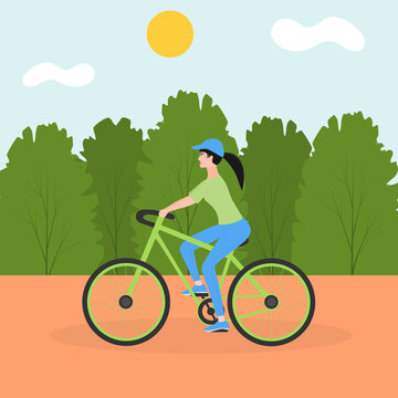Young sports girl rides a bicycle in the city park. The concept of outdoor activities in the city. Cyclists travel, sports Life. Flat cartoon colorful vector illustration.