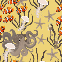 Seamless pattern, vector. Underwater life, clown fish, octopus, starfish, jellyfish, seahorse.
