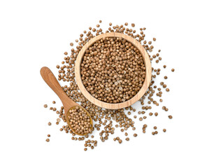 dried coriander seeds in bowl and wooden spoon isolated on white background