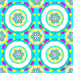 Seamless colourful pattern. Summer pattern in retro style, pink, yellow, blue, white colour. Vector.