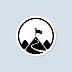 Mission sticker, logo, icon. Vector. Goal. Mountain with a flag. Vector on isolated background. EPS 10