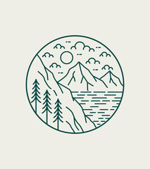 views of the mountains and the sea on the day in mono line art, patch badge design, emblem design, T-Shirt Design