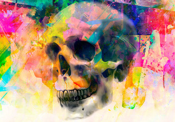 skull with colorful creative abstract elements on light background, close view 